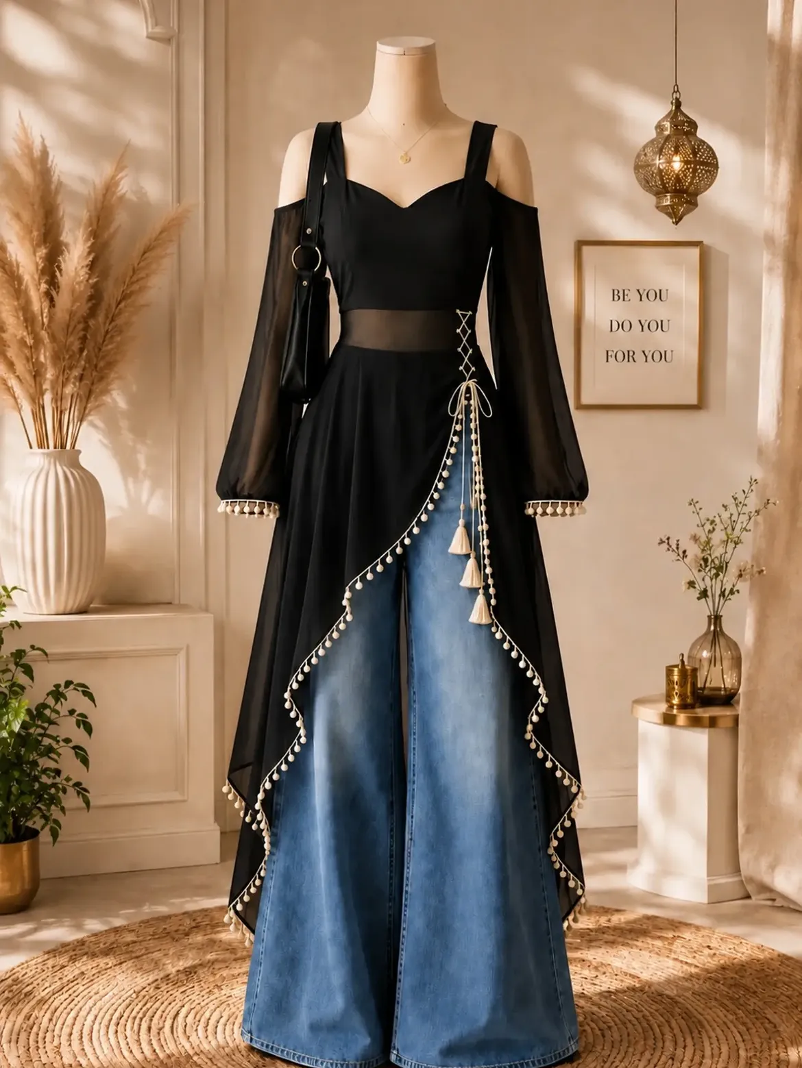 Elegant Black Asymmetrical Tassel Kurti